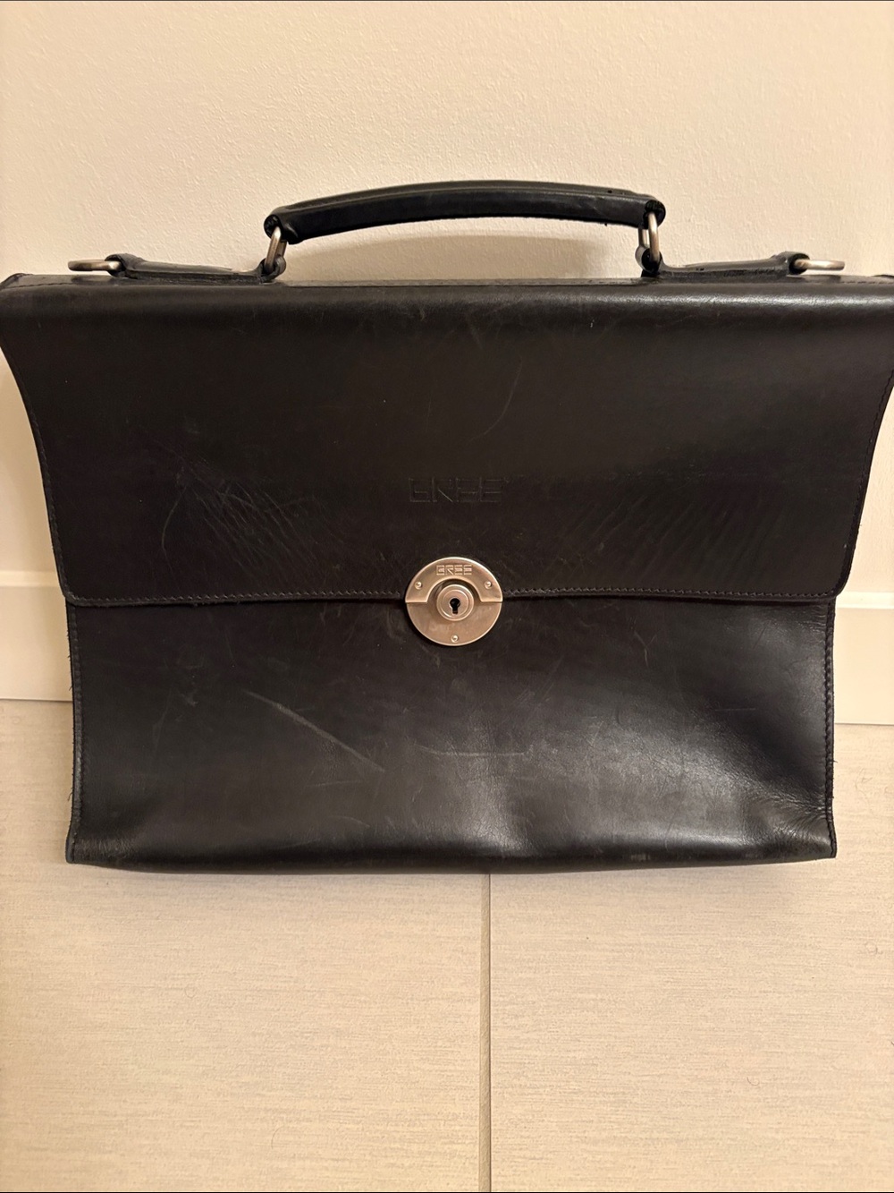 Black Leather  BREE vintage Briefcase with Top Handle